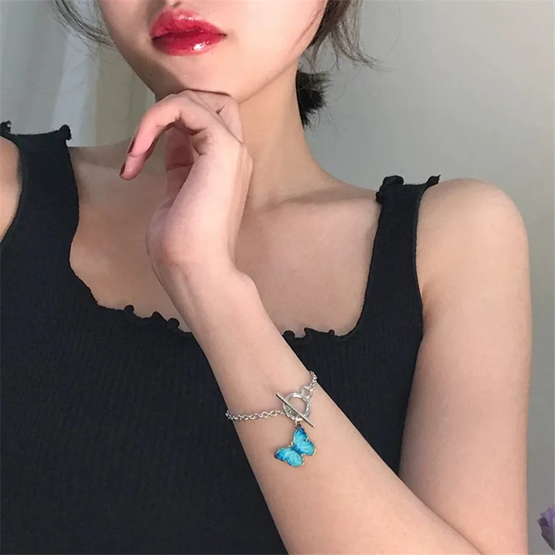 Женский милый браслет Kpop с синими бабочками цепочный в уличном стиле корейские