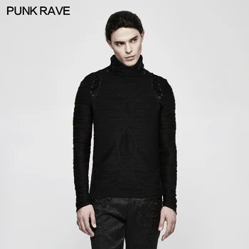 

PUNK RAVE Mens T-shirt Steampunk Black Street Style Long Sleeve Tops Shirt Gothic Stripe Knitted Pullovers Personality T-shirt