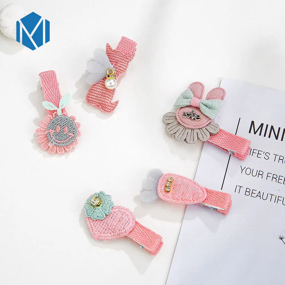 5pcs/set Fashion Full Covered Children Hair Clips Girls Cartoon Bow Cotton Hairpins Crown Kids Barrettes Cute Hair Accessories - Цвет: Pink radish