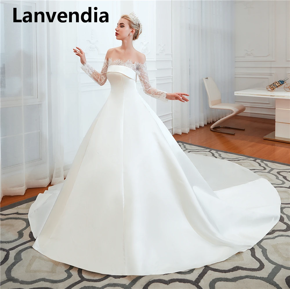 

Lanvendia Luxury White Satin Wedding Dress for Bride Sexy Short Sleeve Lace Applique Bridal Ball Gowns Vestido De Novia