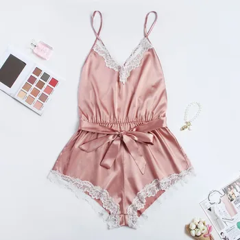 

Fashion Women Pajamas Set 2020 Summer Sexy Jumpsuit Lace Satin Silk Sleepwear Lingerie Underwear kawaii clothes K56