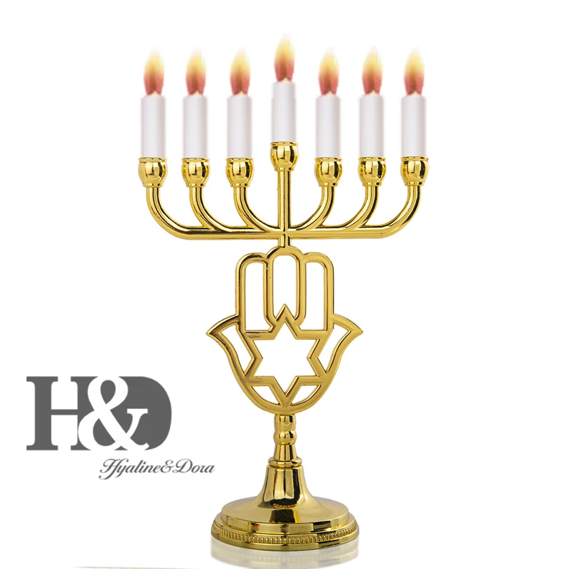 H& D золото Хамса эмаль Menorah Подсвечник 7 веток Израиль Латунь Медные палочки для дома свадебный обеденный, журнальный столик декоративный