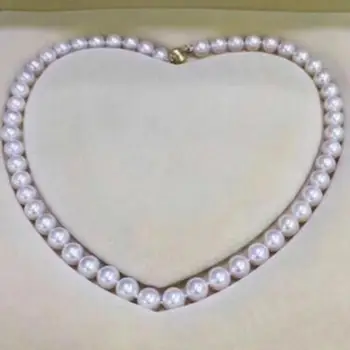 

Free shipping noble jewelry classic 8-8.5mm Japanese Akoya round white pearl necklace 14k
