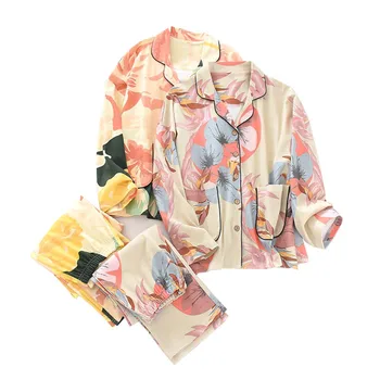 

2020 Women Spring New Floral Printed Soft Loose Sleepwear 2Pcs Cotton Pajama Set Colorful Ladies Soft Homewear Turn-down Collar