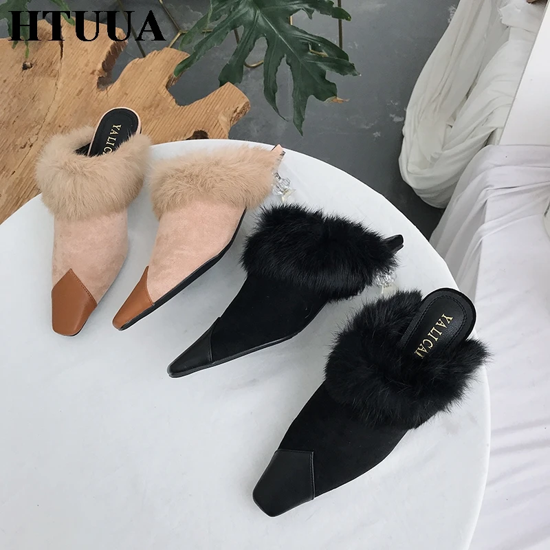 HTUUA/Необычные шлепанцы на прозрачном каблуке; женская обувь; сезон осень-зима; пушистые меховые Шлепанцы из флока; Лоферы без застежки; женские тапочки; SX3240