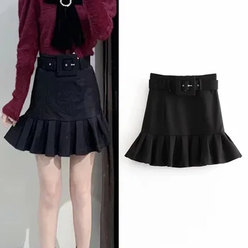 

England elegant women's skirt sashes pleated A-line casual mini skirt women stylish female office lady wear chic skirts mujer