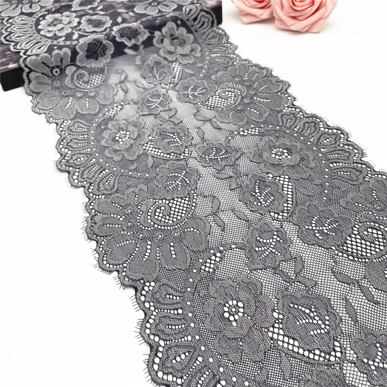 3y/Lot Width 9 inch(23 cm) Dark Grey Elastic Eyelash Lace Trim 1