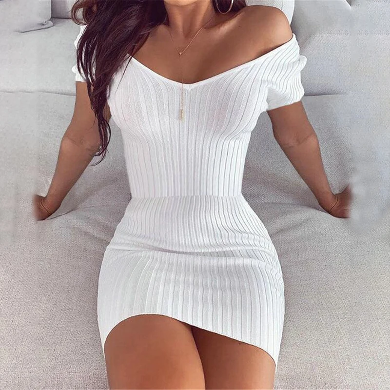 Sexy Club Off Shoulder Long Sleeve Bodycon Dress For Women 2021 Winter White Knitted Sweater Mini Woman Dresses Robe Femme red dress Dresses