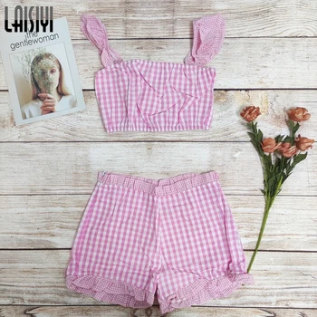 

LAISIYI Tracksuit Women 2019 Summer Kawaii Cute Pink Tank Top Shorts Set Plaid Suits Ruffled Crop Top Shorts Set ASSU20130
