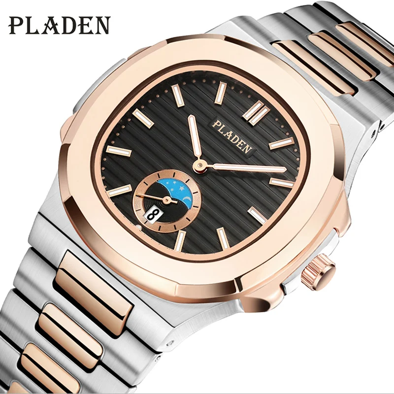 PLADEN Stainless Steel Men Watches Top Brand Luxury Designer Quartz Watch Styless Black Dial Military Sport Clock Dropshipping afbeelding