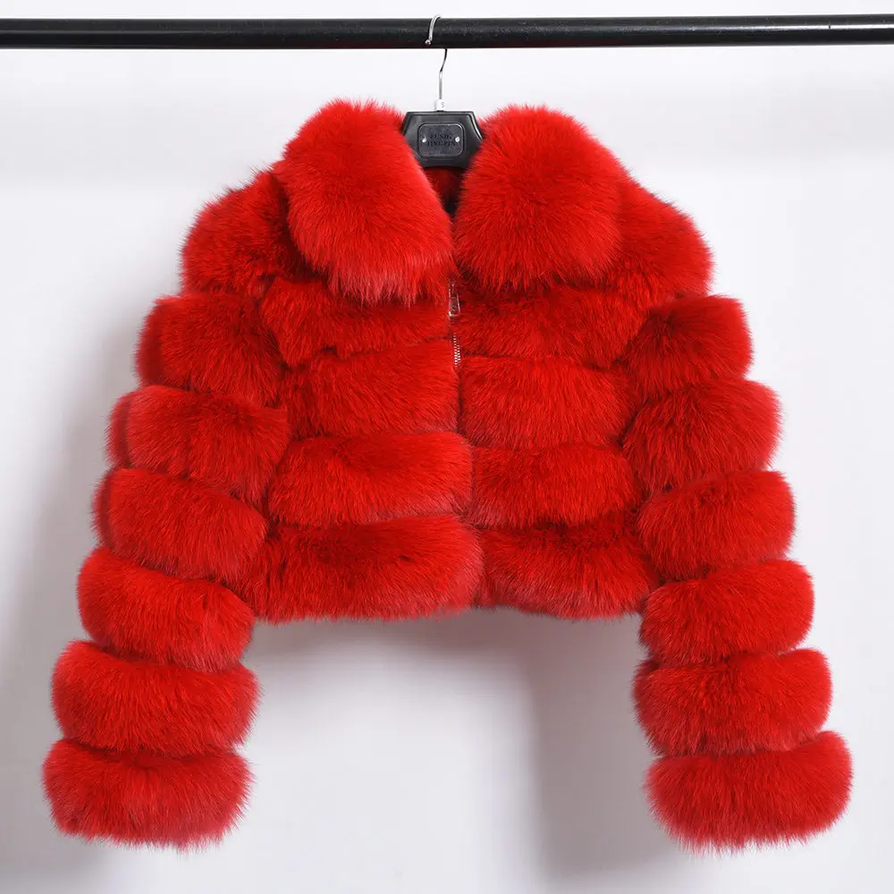 Winter New Women's Real Fox Fur Jacket Zipper Lady Short Style Fur Coat Thick Warm Fur Outerwear S7636 - Цвет: Red