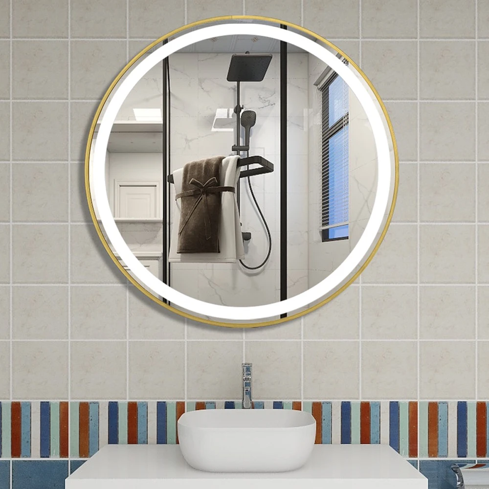Round Smart LED Bathroom Mirror With Golden/Black Frame 3 Color LIght With Bluetooth Speaker Time&Temperature Display Defogging