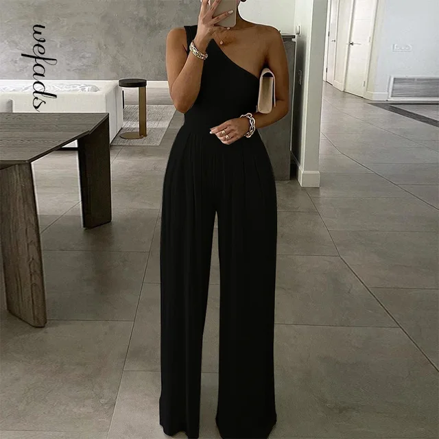 Wefads Women Jumpsuit Summer Sexy One Shoulder Bodysuit Bodycon Romper 2021 Elegant Office Soild Sleeveless Black