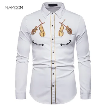 

MIAMOOM Men's Fashion Embroidered Shirt American Western Style Shirt Violin-embroidered Long-sleeve Shirt