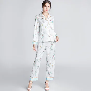 

Sleep Suit Women Pajamas Satin Printed Sleepwear Turn-down Collar Top&pants Sexy Lounge Sleepwear 2020 Spring New Home Clothing
