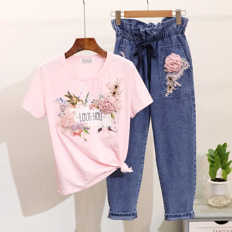 

2020 Spring and Summer New Bead Flower Print Short Sleeve T-shirt + Loose Waist Harlan Jeans Set Female Two Piece Sets Students