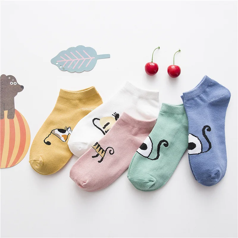 Зимняя обувь; сезон весна-лето; с изображением котов; утепленные комфортные из хлопка и бамбукового волокна для девочек женские Носки низкой женские невидимые цвет носки для девочек и мальчиков
