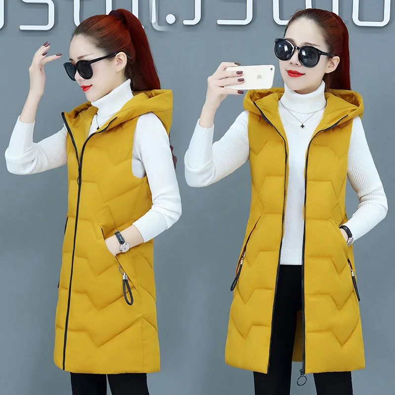 

bre New Arrival 2019 Women Winter Vest Women's Long Vest Jacket Sleeveless Hooded Down Cotton Slim Waistcoat Warm Vest Female