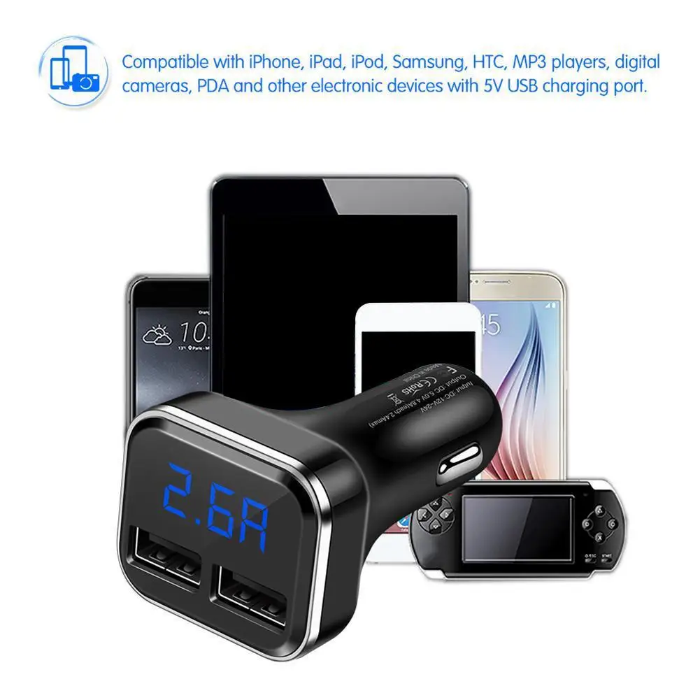 4.8A автомобильное USB зарядное устройство Quick Charge 12-24V Зажигалка на электропитании 2 порта ЖК-дисплей