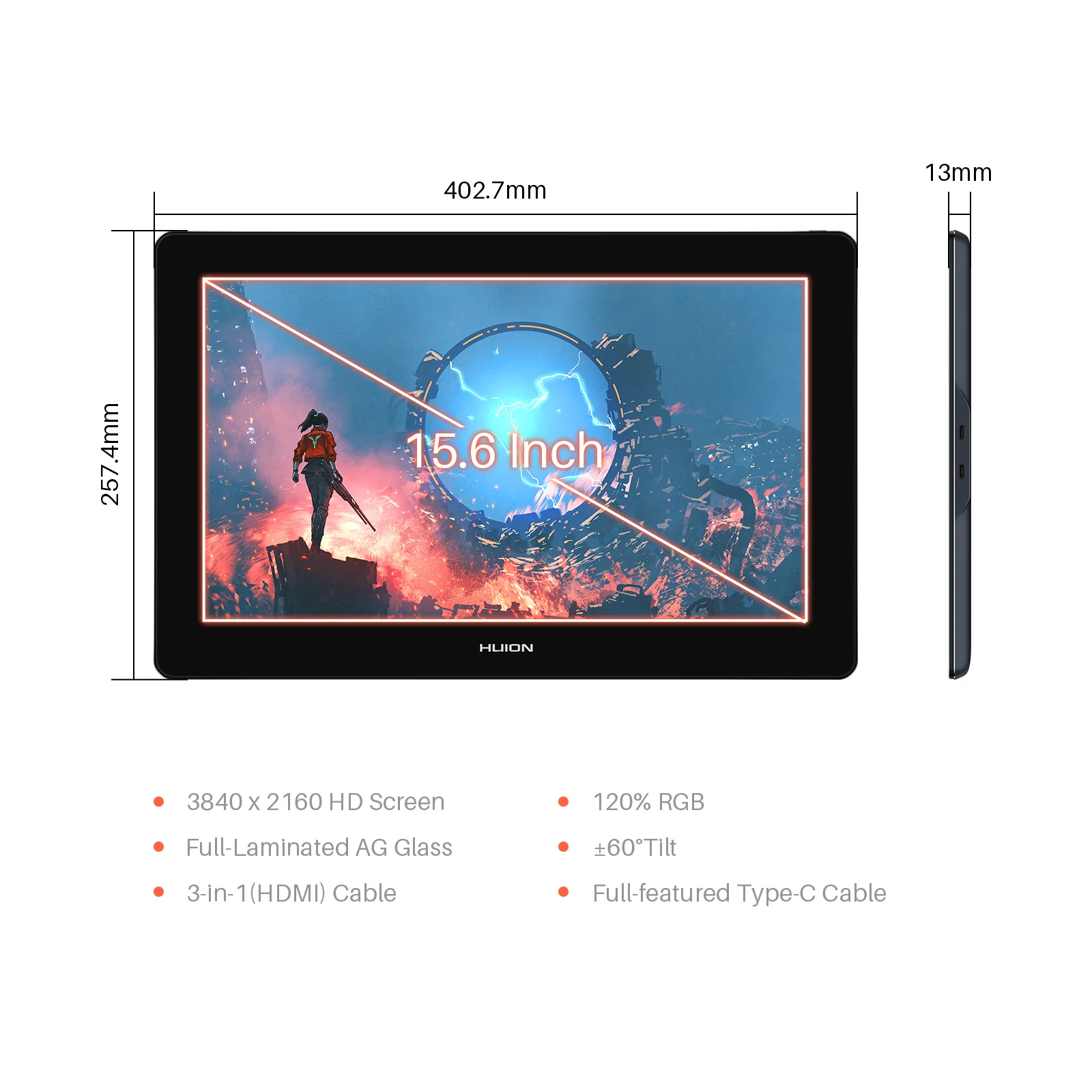 HUION Pen Display Monitor Kamvas Pro 16 4K UHD Screen AG Glass 120% sRGB Painting Graphic Pen Tablet for Drawing Android Support