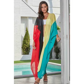

Beach Sarongs For Women Kimono Swimsuit Solid Cover Up Swimwear Saida De Praia Skirt Sun Shawl Color Blocking Mesh