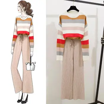 

ICHOIX elegant 2 piece knitted set casual women tops and pants set loose wide leg pants cute Korean style winter 2 piece outfits
