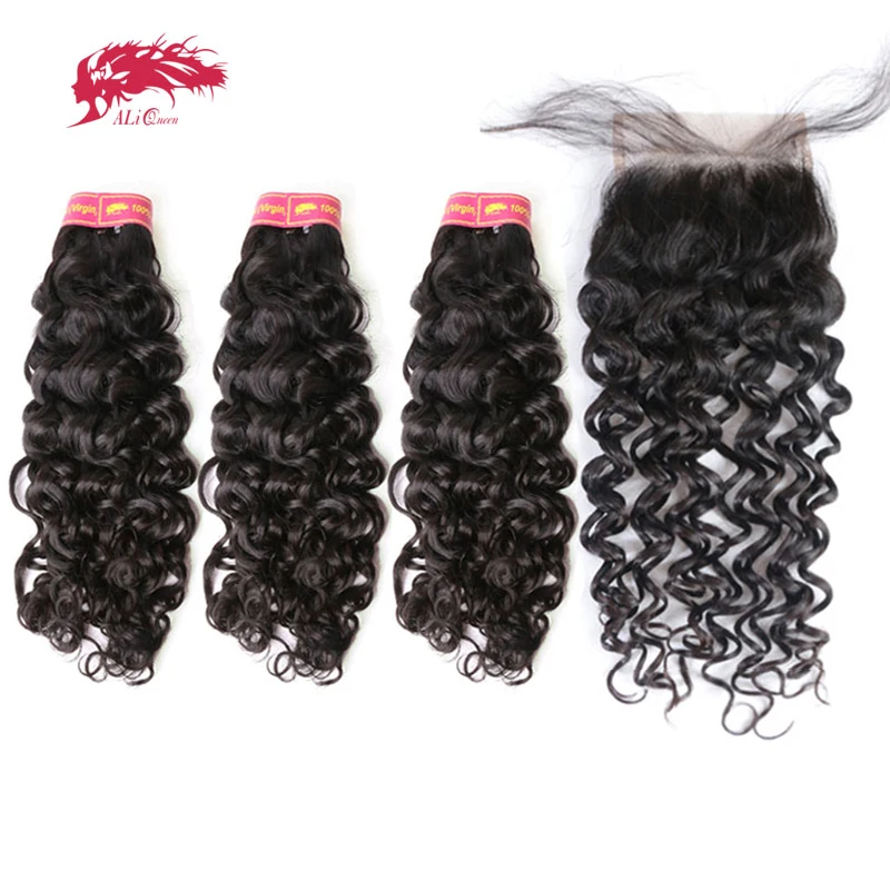 Buena Compra Ali Queen-extensiones de pelo brasileñas con ondas al agua, cabello humano sin procesar, virgen 100%, de un solo donador, 3 mechones con cierre Frontal de encaje suizo 4x4 13x4 76odGyoO