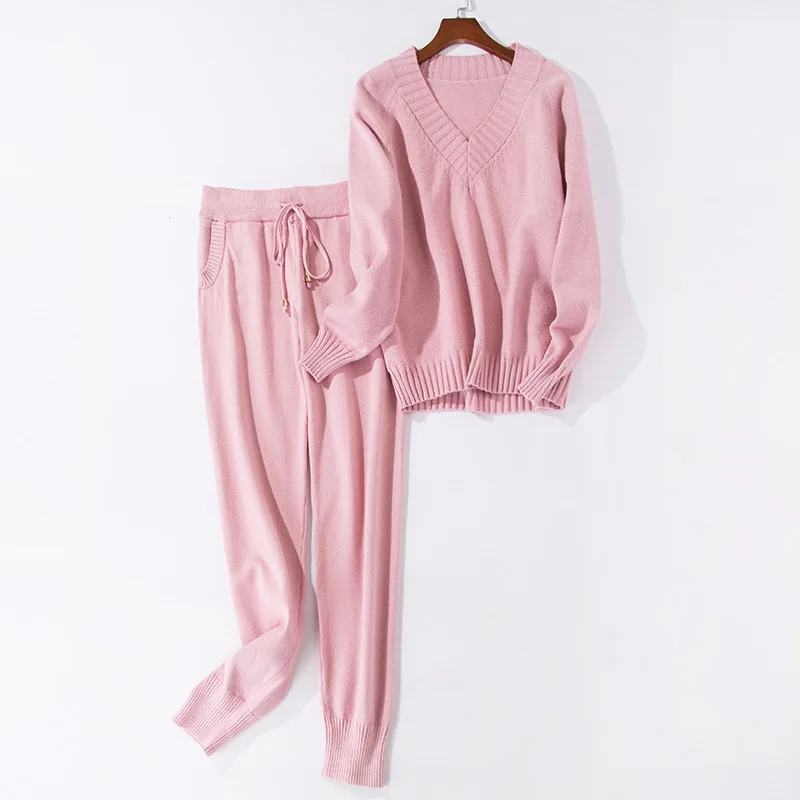 Женский Теплый розовый вязаный костюм, свитер, комплект из 2 предметов, костюмы размера плюс, вязаные комплекты из 2 предметов, топ и штаны, одежда осень-зима