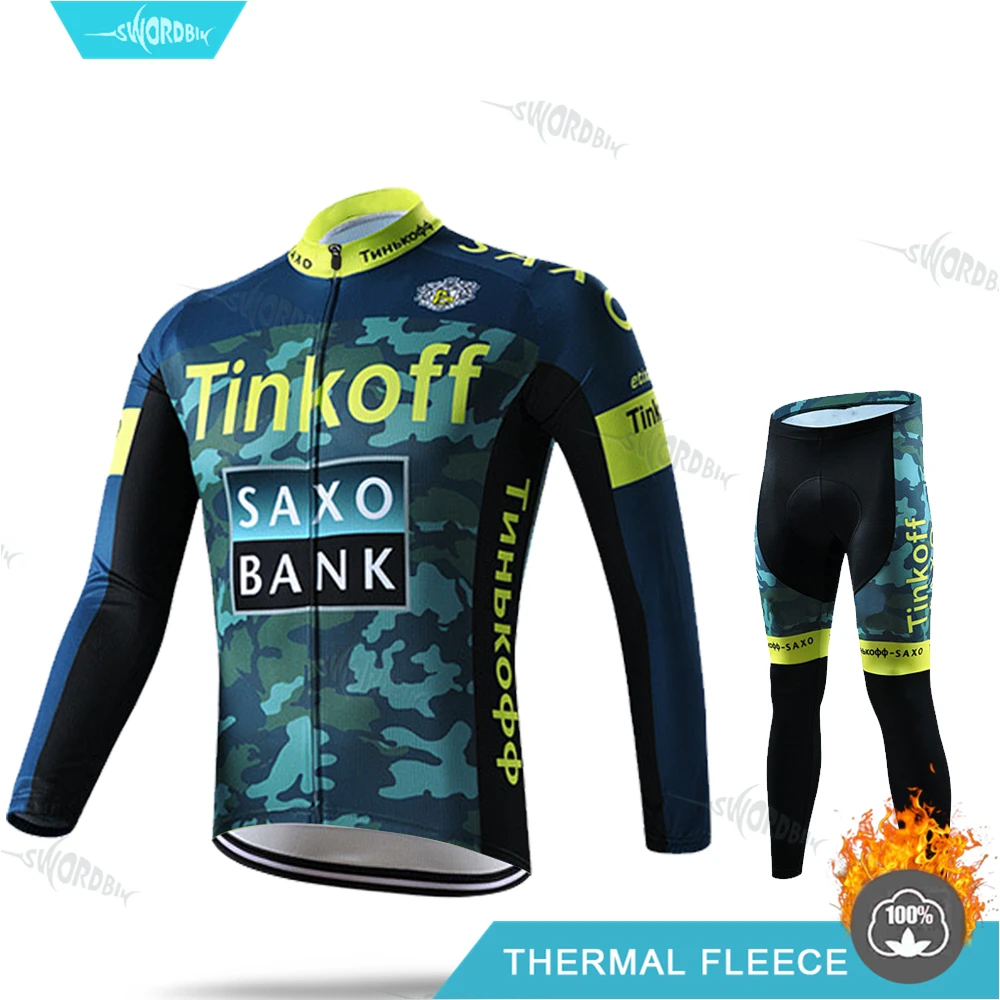 Велоспорт одежда для мужчин Pro Team Велоспорт трикотажный комплект Tinkoff Мужская зимняя одежда флуоресцентный цвет Тепловая флисовая одежда комплект с длинными рукавами MTB Uninform