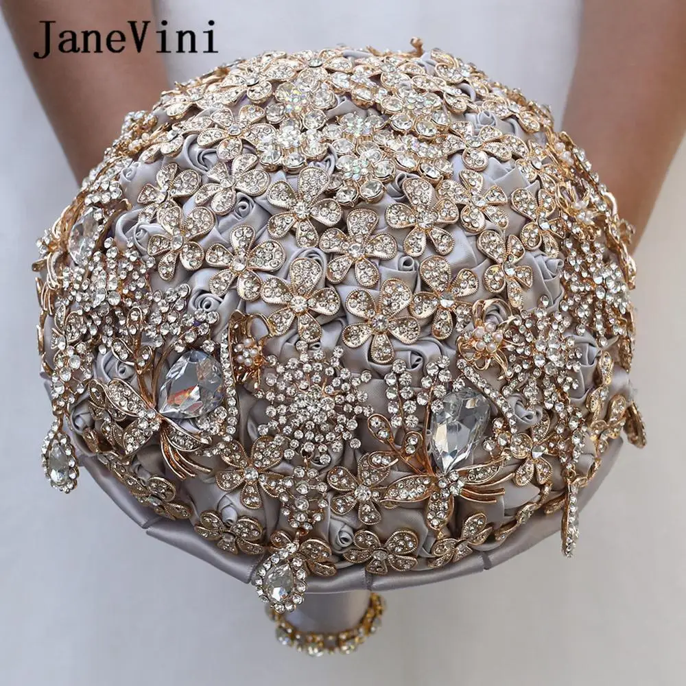 JaneVini High-end Luxury Wedding Bouquets Bling Gold Rhinestone Artificial Satin Rose Bridal Holding Flowers Wedding Accessories