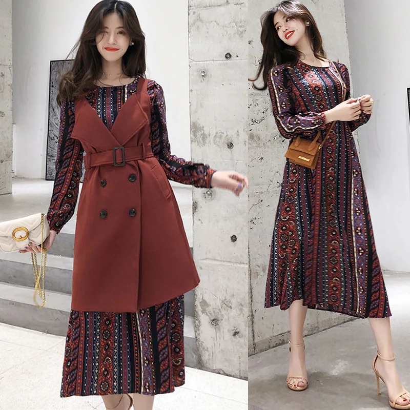 

WOMEN'S Dress 2019 Spring Clothing New Style Retro Printed Medium-length Dress Waist Hugging Double Breasted Vest Suit Sell