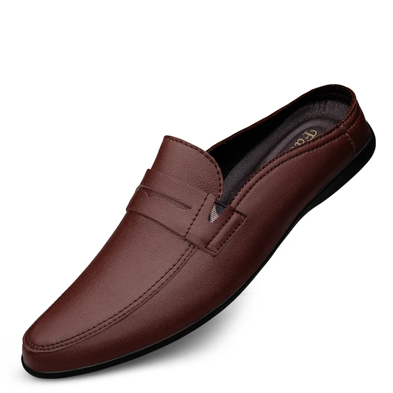Man New Fashion Cow Split Casual Half Shoe Male Breathable Backless Loafer Footwear Hombre Open Back Leather Comfy Mocassin | Обувь