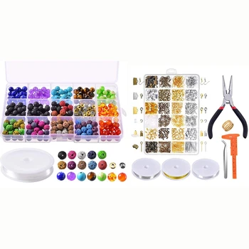

388 Pcs Colorful Chakra Beads Lava Rock Stone Gemstone(19 Colors) & 24 Grid Closed Ring Lobster Buckle Jewelry DIY Kit