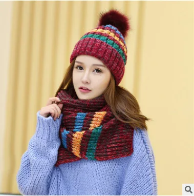 red hat scarf Женский осенне-зимний комплект из шапки и перчаток, Модная хлопковая шапка для девочек, шарф, перчатки, набор, вязаный шерстяной шарф, шапка, набор для женщин - Color: red hat scarf