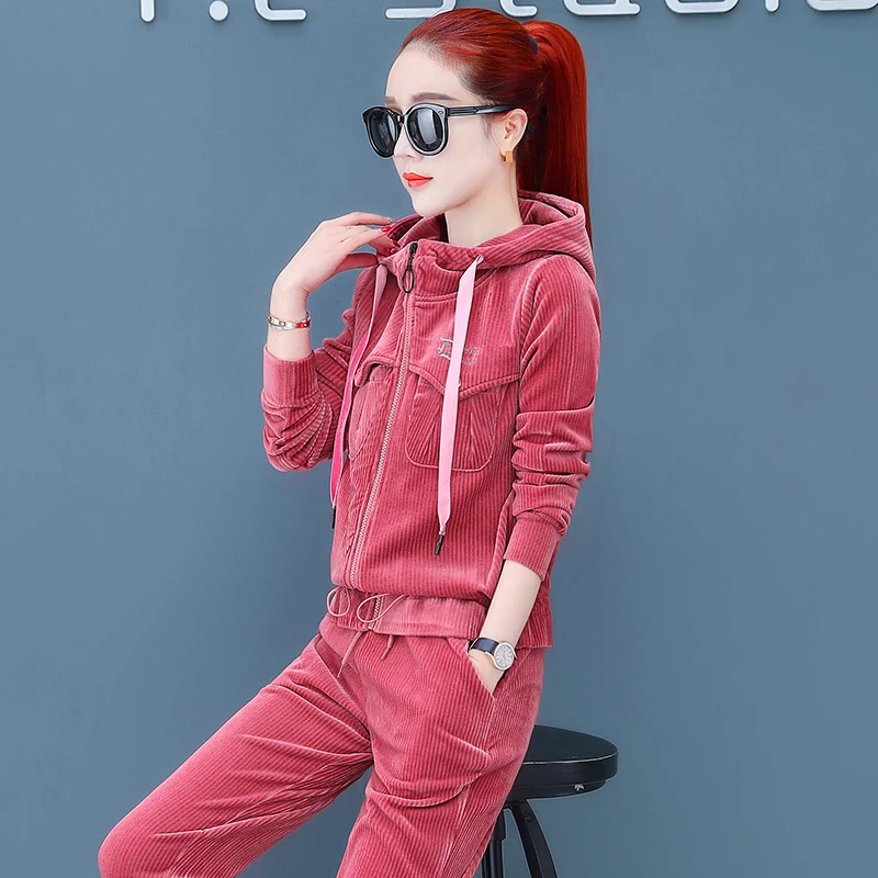 Brick red Вельветовые широкие брюки костюм Женская Осень Новая мода Большой размер Толстовка пальто два комплекта повседневной спортивной одежды весна - Цвет: Brick red