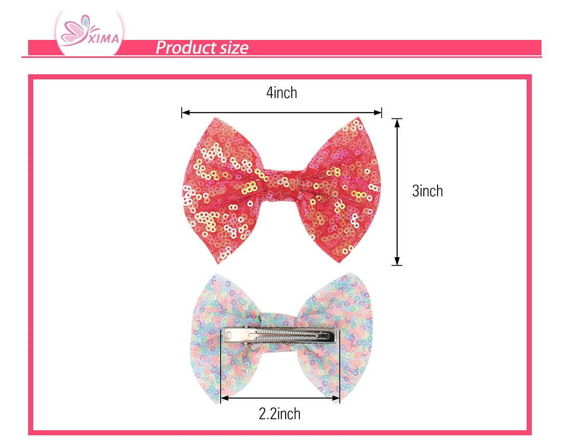 XIMA 8pcs/lot Lovely Girls Rainbow 4inch Sequins Hair Bow Women Shining Alligator Hairpin Party Hairclips Hair Accessories