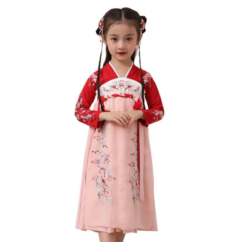 Hanfu/платье для девочек; Новое Осеннее детское платье с длинными рукавами и вышивкой; детское платье в китайском стиле для девочек; костюм; платья для выступлений