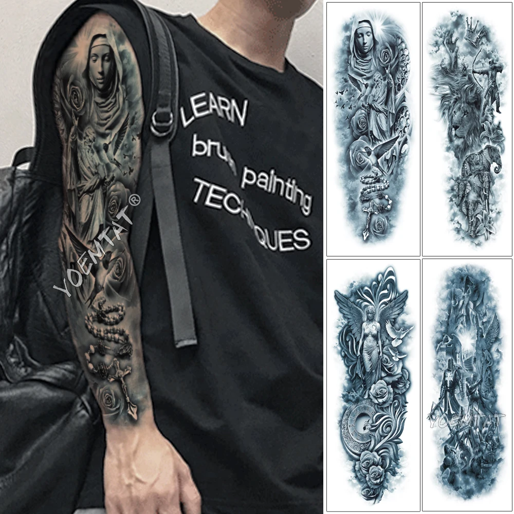 Large Arm Sleeve Tattoo Rose Rosary Virgin Mary Waterproof Temporary Tattoo Sticker Saint Angel Men Full Skull Totem Tatoo Aliexpress