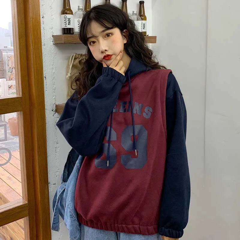 NiceMix Женская Толстовка черная Лоскутная Толстая корейская модная одежда Ulzzang теплые мужские толстовки пуловеры высокого качества уличная одежда - Цвет: Бургундия