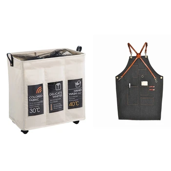 

Aprons Denim Leather Unisex Jeans Aprons & Three Grid Storage Baskets with Wheels Collapsible Hamper Drawstring