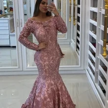 Платья для выпускного вечера с рукавами длинные для женщин Русалка Розовый кружево развертки поезд размера плюс Роскошные вечерние платья для девочек