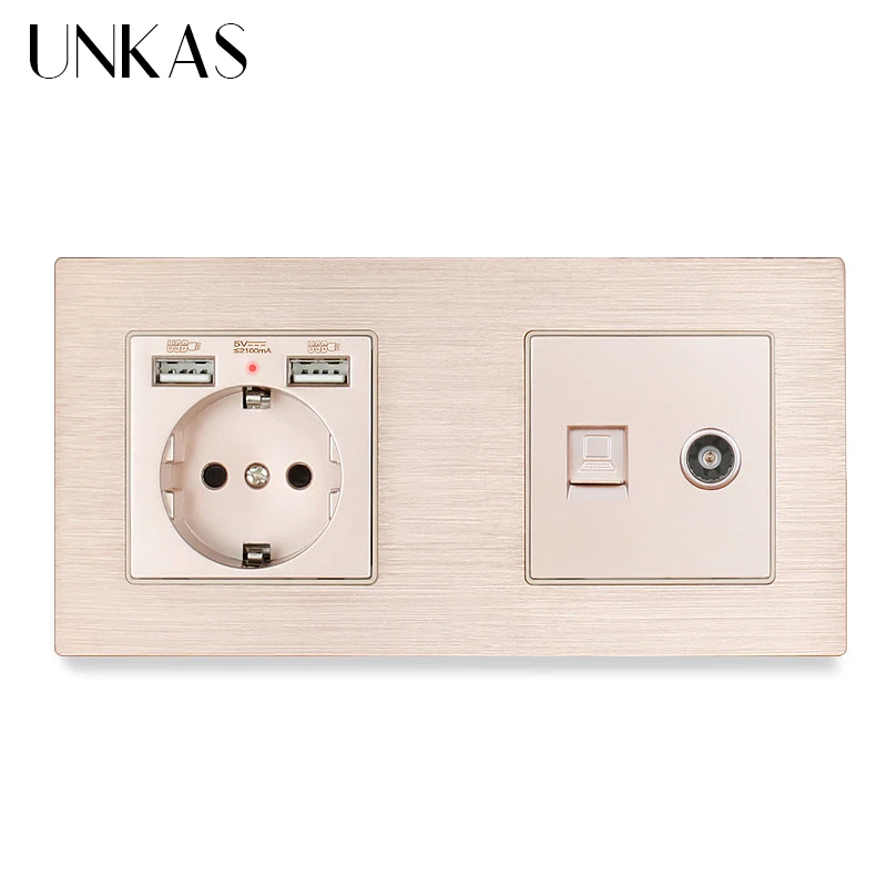 UNKAS 1 Gang EU алюминиевая металлическая панельная Розетка с USB + RJ45 Интернет разъем ТВ