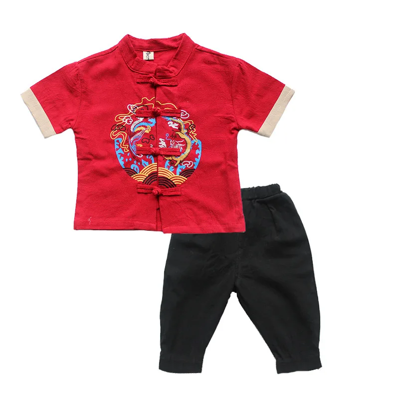 3Colors Chinese Boys Coutumes Sets Traditional Clothes Tang Suit Baby Cotton Tops Coat Short Sleeve Shirts Loose Hanfu Pants