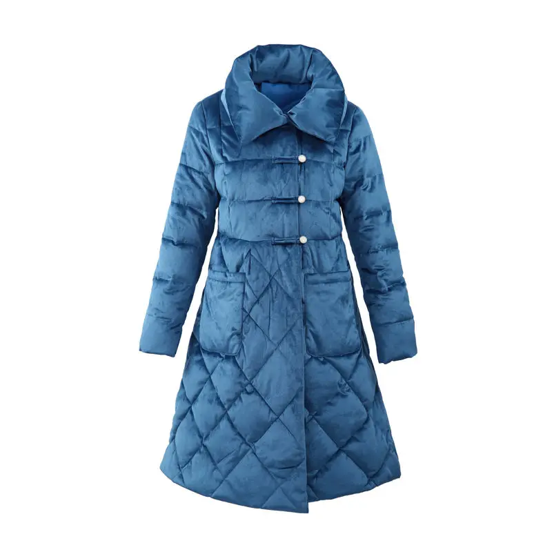 Gold Velvet Cotton Padded Coats Women Winter New Vintage Jacket Slim Long Elegant A-line Warm Down Cotton Parka Mujer f2211