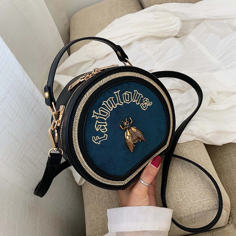 

Fashion Brand Ladies Phone Bag Mini PU leather Handbag Retro Wild Small Round Bag New Rhinestone Bee Design Women Crossbody-Bags