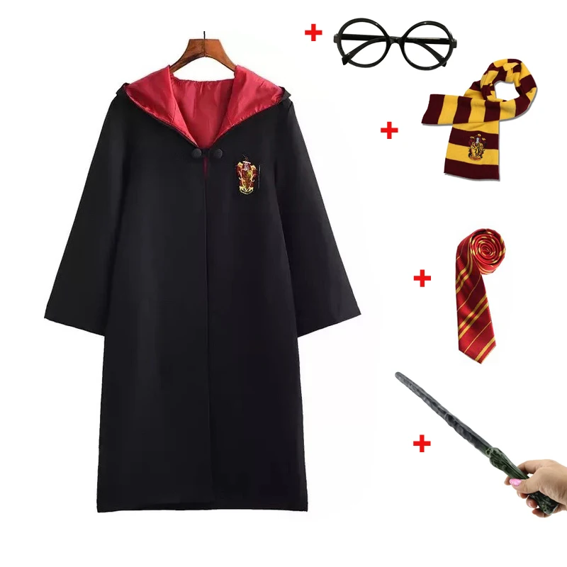 

Potter Costume Cosplay Gryffindor Slytherin Hufflepuff Ravenclaw Robe Costume Magic Cloak with Tie Scarf Wand Eyeglass frame