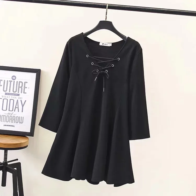 

2020 Spring And Summer New Style Korean-style Plus-sized Waist Hugging Slimming Dress Women's Solid Color Black Dress W3-9296