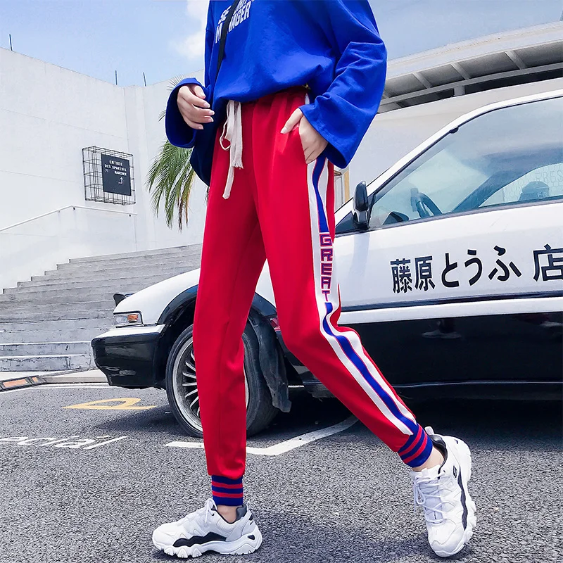

Harajuku Casual red Black Cargo Pants Women Elastic High Waist Pants Streetwear Korean Sweatpants Joggers trousers Hip Hop Pants