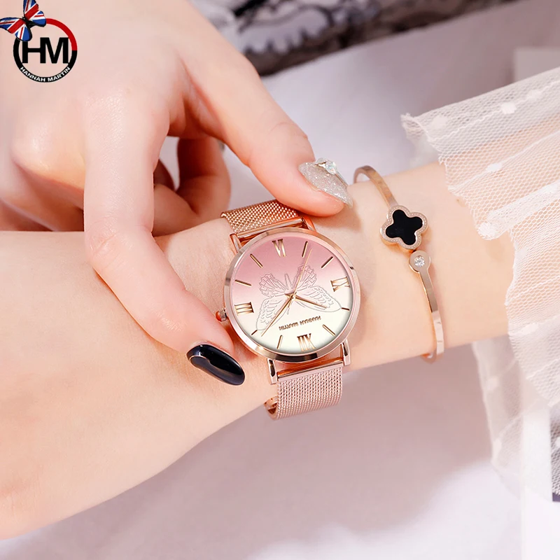 Hannah Martin женские часы с бабочкой водонепроницаемые кварцевые наручные часы тонкие часы стальной ремешок девушки розовый подарок на валентинку