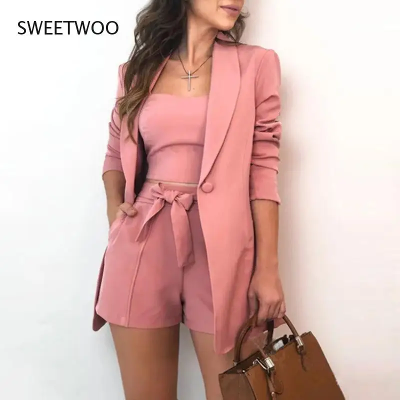 2021 spring and summer three-piece suit women's solid color vest suit jacket fashion temperament high waist shorts suit women